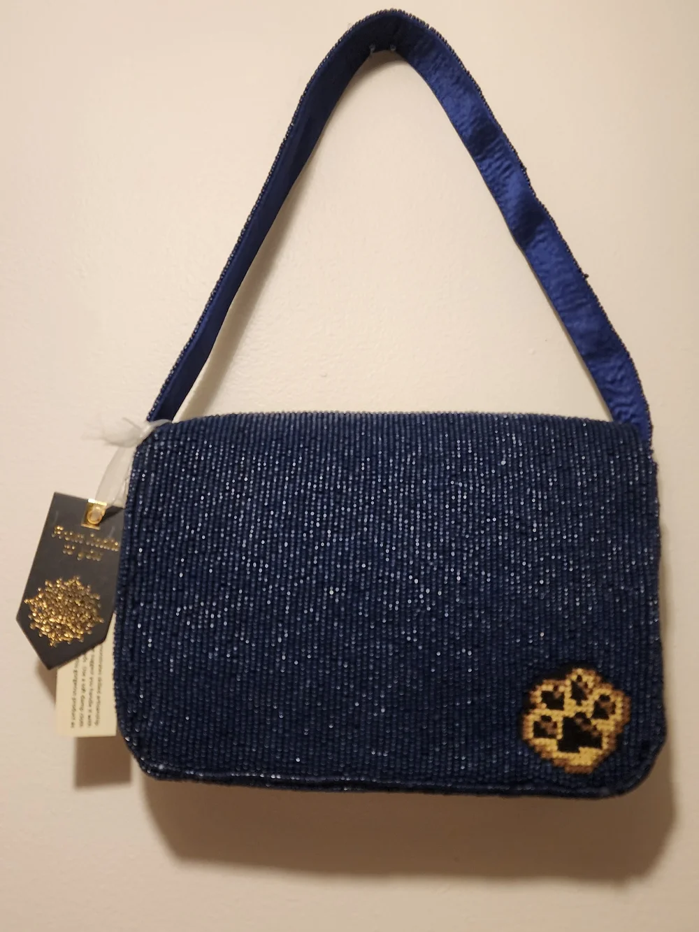 Blue Beaded Dog Tote Bag with Golden Dog Motif